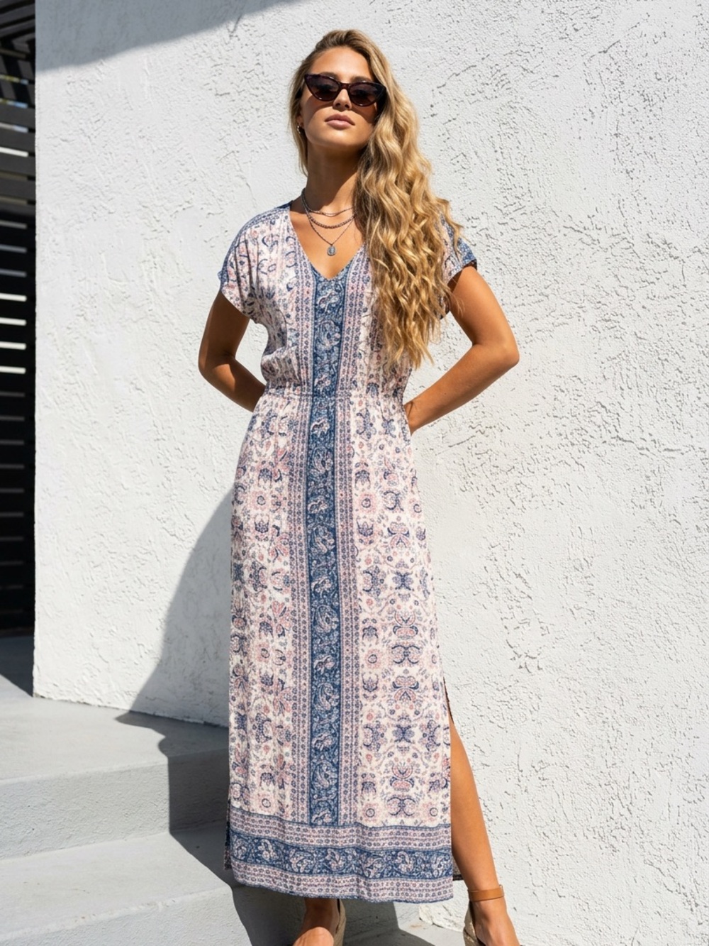 Lucky Brand Blue and Cream Floral Border Print Maxi Dress with Side Slits